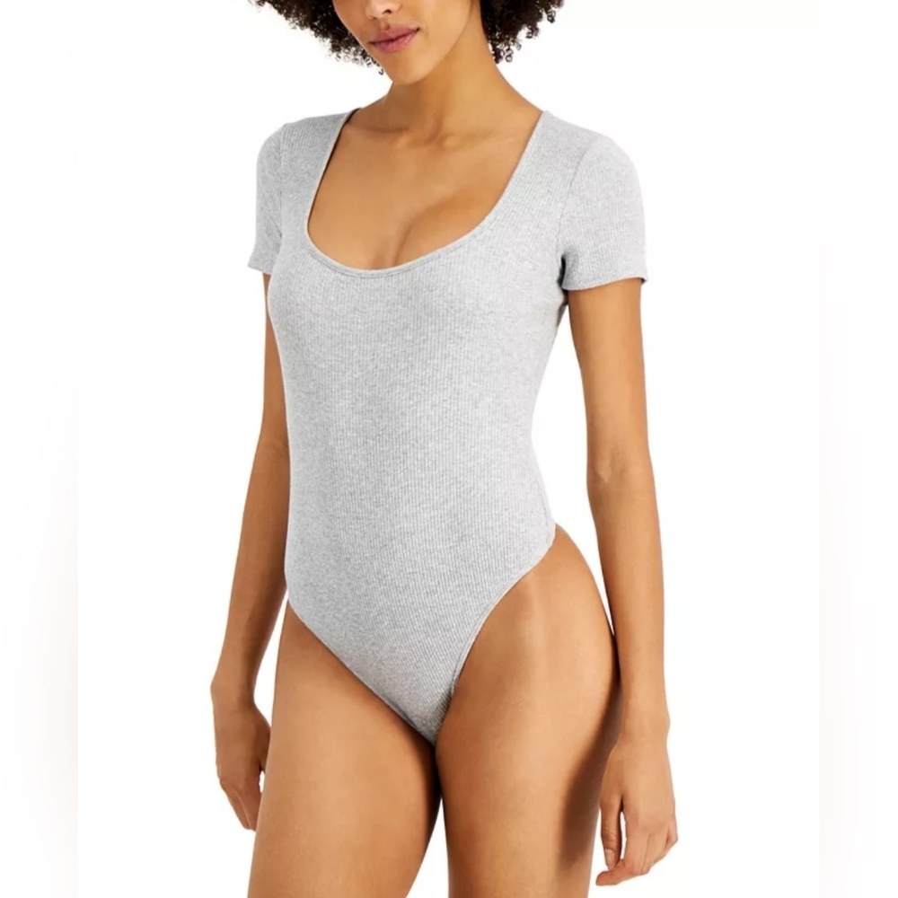 Jenni Bodysuit Women 3XL Gray Ribbed Stretch Ribbed Casual Short‎ Sleeves
